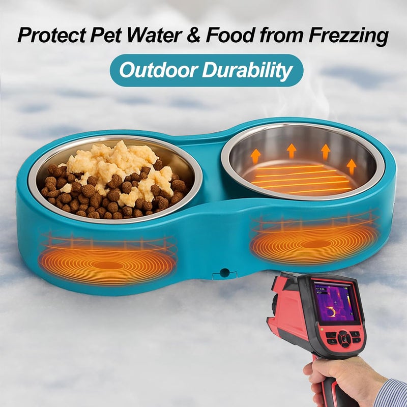 AWLYLNLL Heated Water Bowl, Double Stainless Steel Heated Dog Bowl for Outdoor Use, 46 OZ Total & Chew Proof Cord, Winter Warm Water & Food Bowl for Pets Bird Chicken UL Certified - Image 2